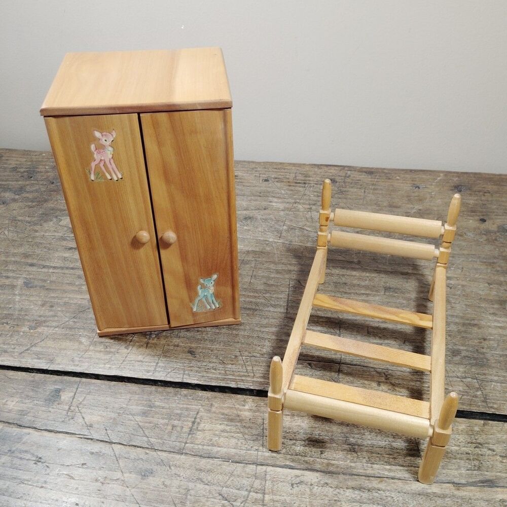 Vintage Strombecker Doll Bed & Armoire Wood Furniture Illinois House *READ